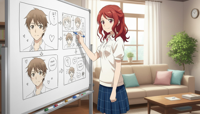 Anime girl with red hair and a blue skirt standing at a whiteboard covered in character sketches and design notes, pointing at the drawings with a marker, a couch and houseplants in the background