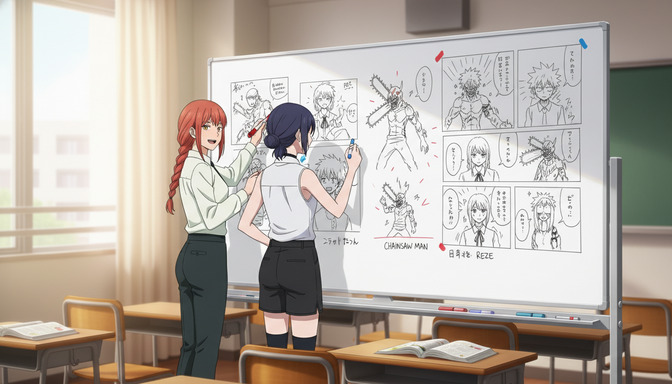 A focused anime girl with silver hair and a determined expression working at a glowing desk, surrounded by holographic story boards and prompt text floating in blue light