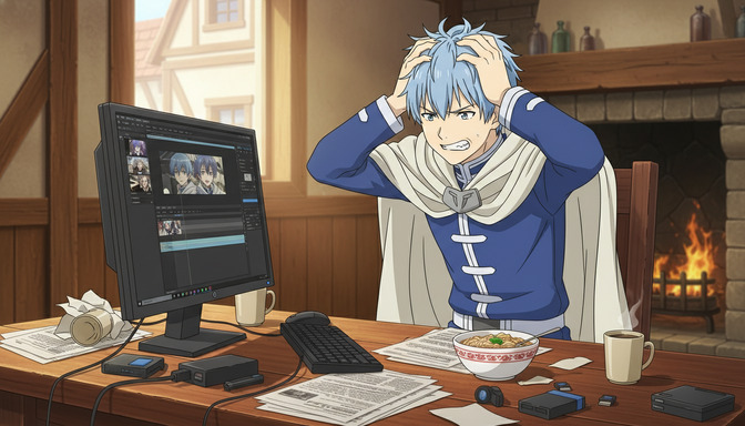 Frustrated anime character with blue hair sitting at a computer showing video editing software, surrounded by crumpled papers and a bowl of ramen in a cozy medieval room with a fireplace