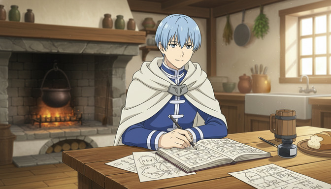 Focused anime character with blue hair and white cloak sitting at a wooden table by a fireplace, writing carefully in an open notebook with ink and quill