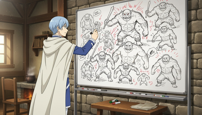 Confident anime character with blue hair and white cloak standing at a large whiteboard filled with character sketches and design notes, pointing at the drawings with a marker