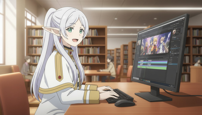 An anime elf girl with white hair and pointed ears sitting at a library computer, working on anime video editing software with anime footage visible on the monitor
