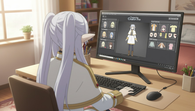 An anime elf girl with white hair sitting at a desk from behind, looking at a character creator software interface on a wide monitor with character customization options visible