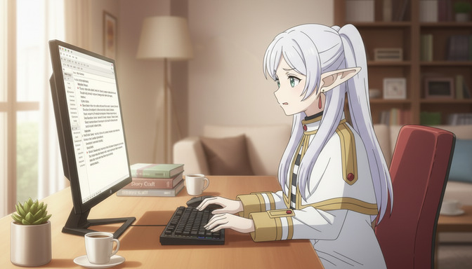 An anime elf girl with white hair sitting at a desk in a warmly lit home office, focused on writing at a computer, books stacked nearby and a coffee cup on the desk