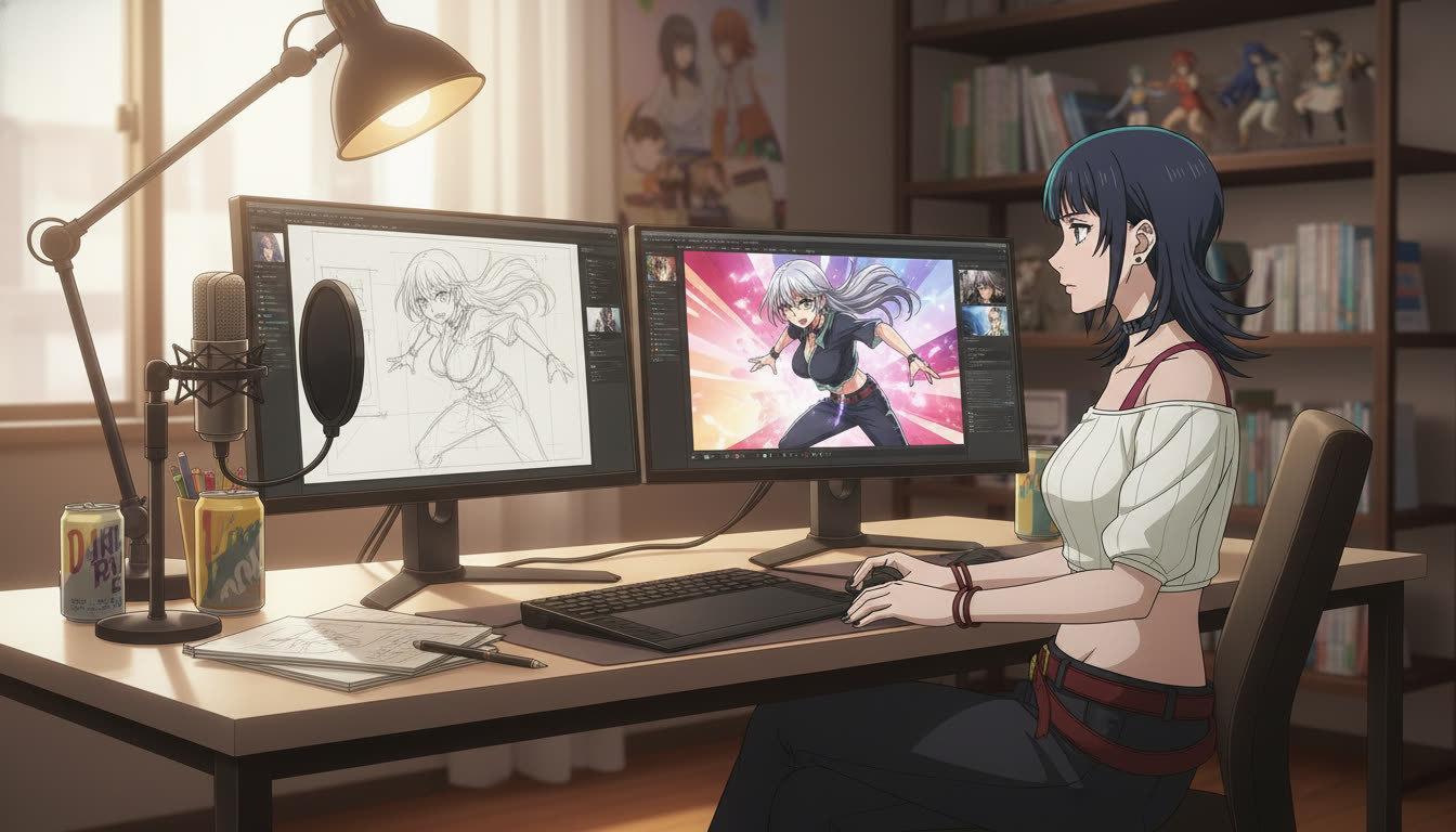 Anime video creator at a desk with a hand-drawn pencil storyboard beside a polished anime key visual of the same silver-haired heroine on dual monitors