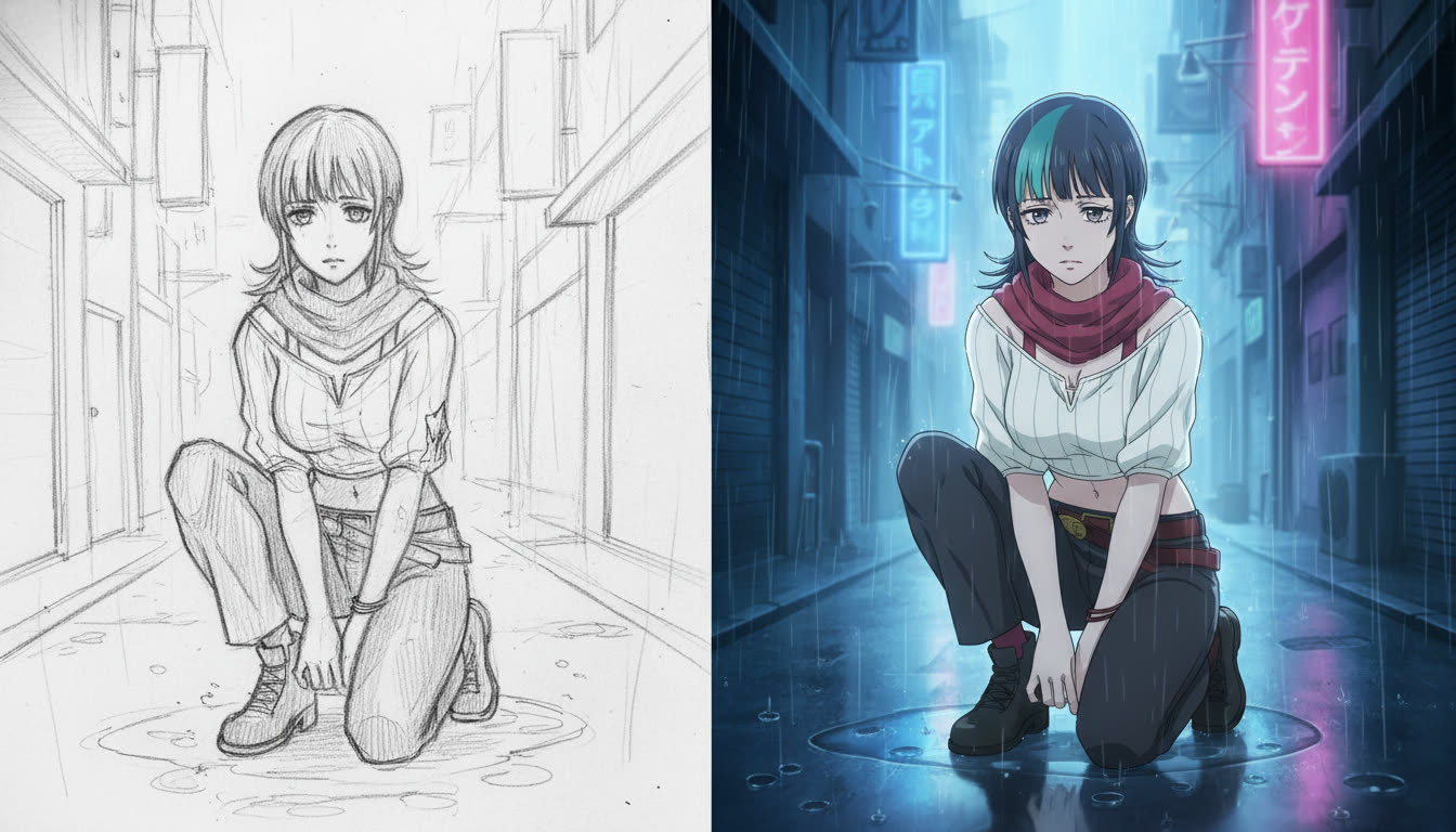 Side-by-side comparison of a pencil storyboard panel and a finished anime frame of the same silver-haired heroine in a neon rain alley