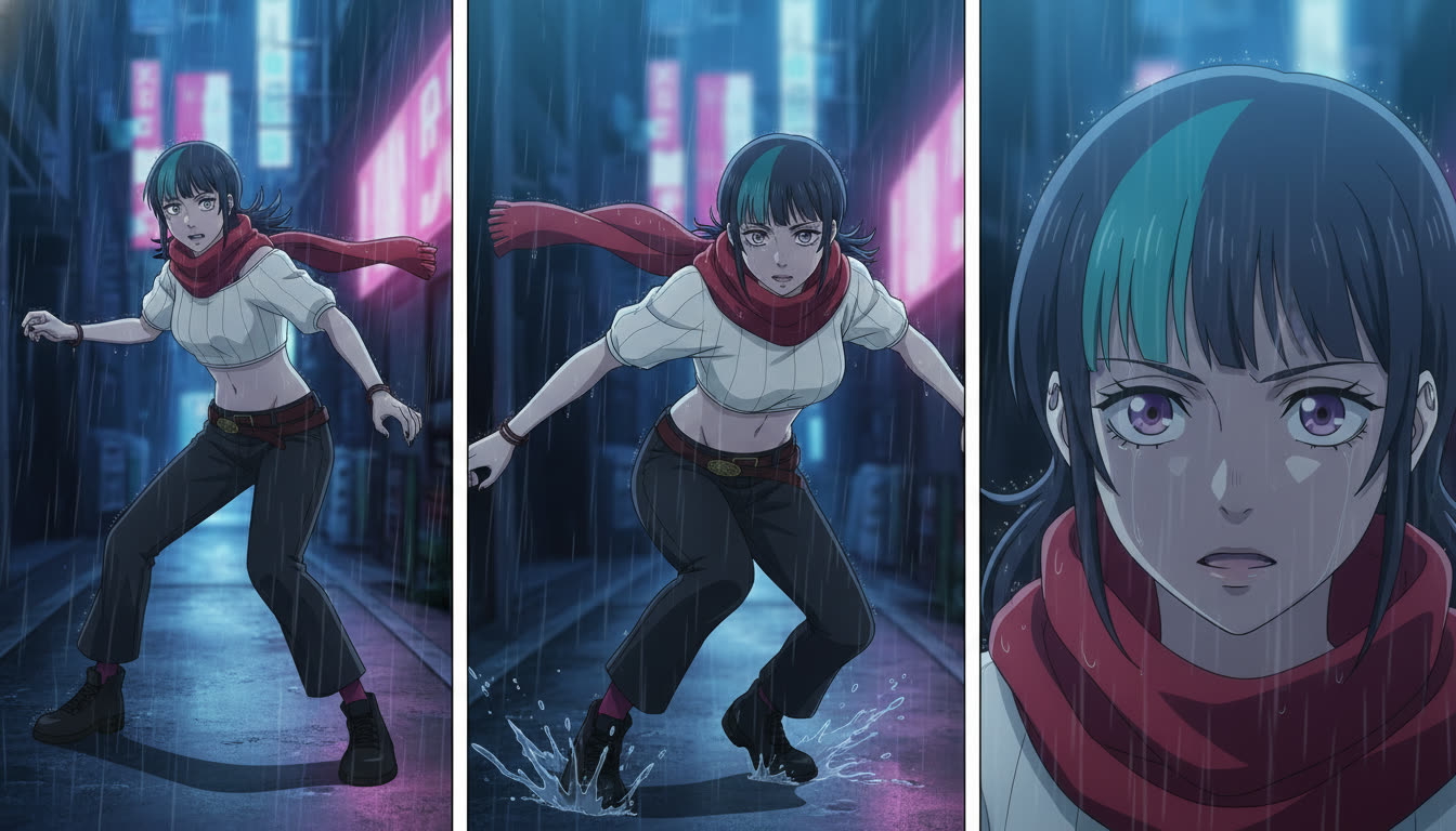 Three-panel anime storyboard labeled HOOK, TURN, and LAND with a silver-haired heroine in a neon rain alley, refined from pencil sketches