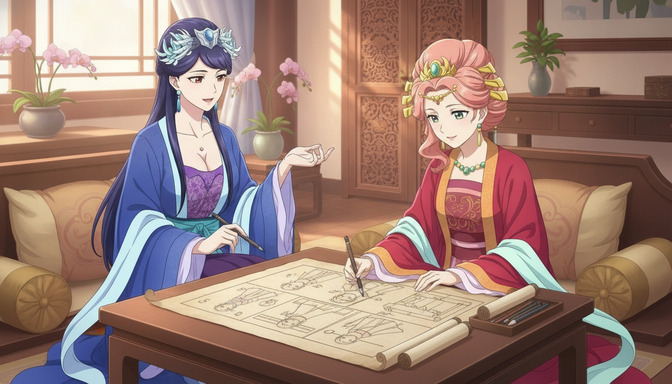 Two anime characters in traditional hanfu robes sitting at a low table reviewing character design sketches and storyboard sheets spread across the surface