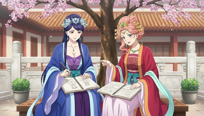 Two anime characters in traditional hanfu sitting on a stone bench under blooming cherry blossom trees, reviewing character sketches in a notebook together