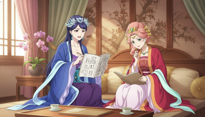 Two anime characters in hanfu seated in an ornate interior, one holding a storyboard sketchbook open and the other gesturing thoughtfully at the panels
