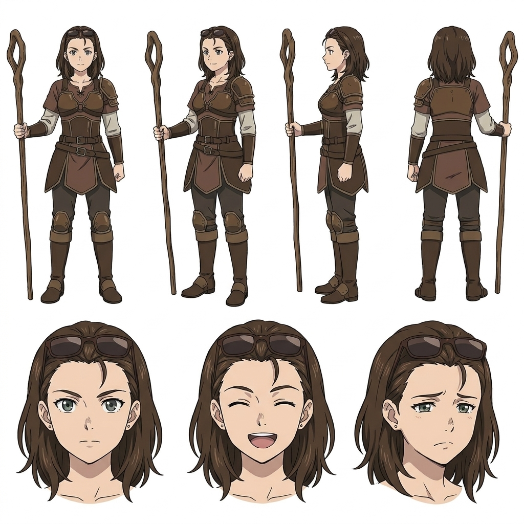 Anime character design sheet with multiple poses and expressions