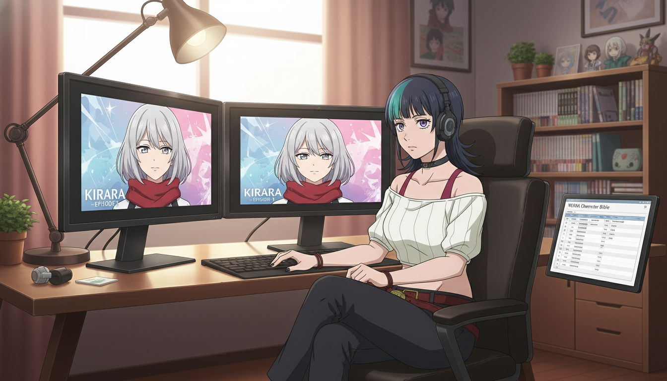 Anime video creator at a desk with dual monitors comparing episode 1 and episode 8 thumbnails of the same silver-haired heroine beside a character bible spreadsheet
