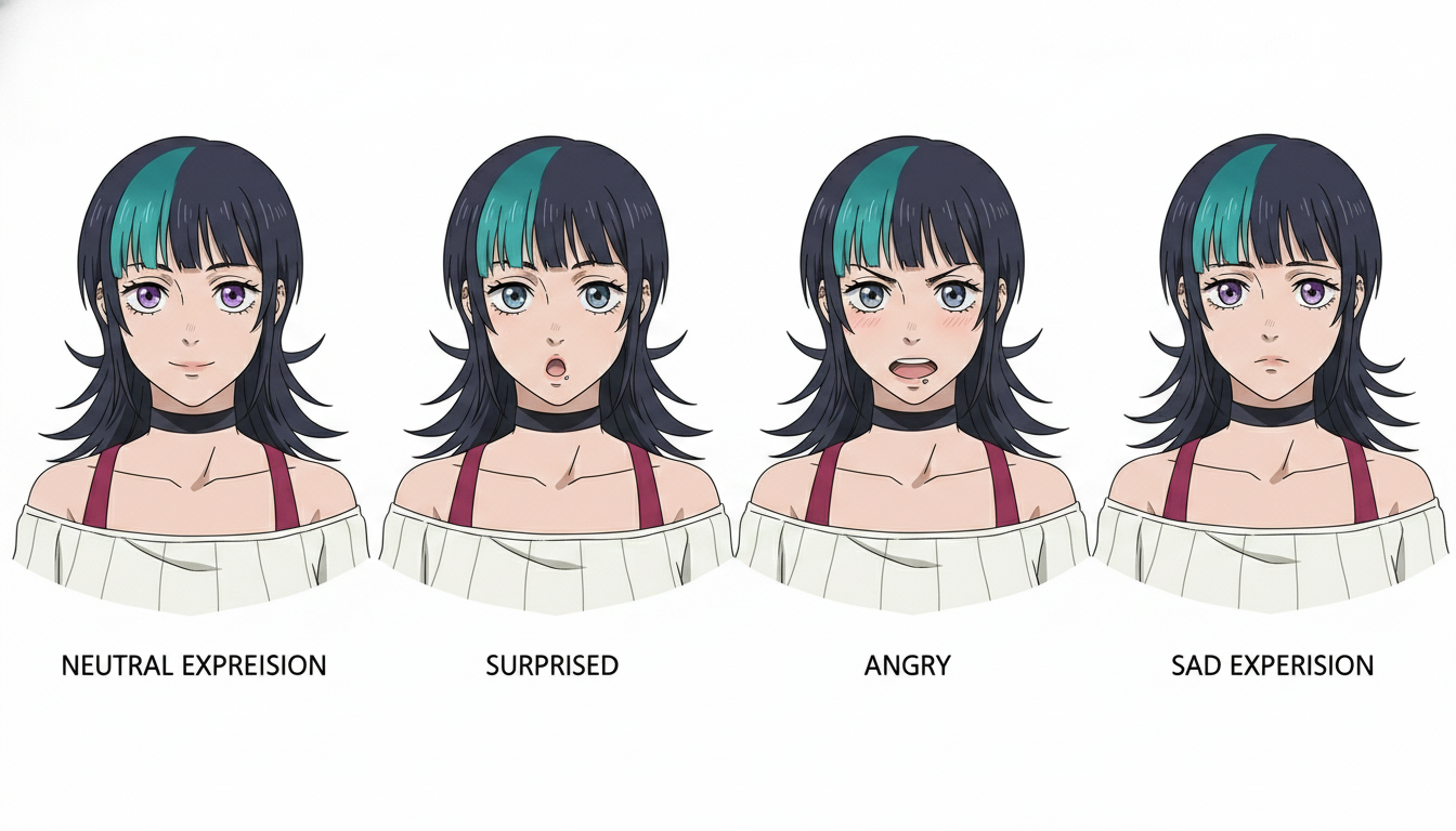 Anime character consistency reference sheet showing the same silver-haired heroine with steel gray eyes and red scarf in neutral, surprised, angry, and sad expressions