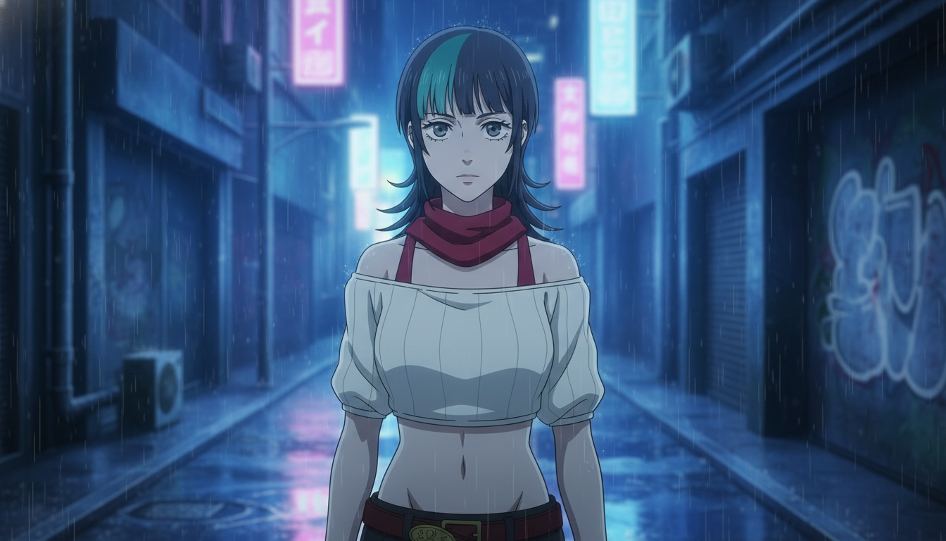 Silver-haired anime heroine with steel gray eyes and red scarf in a neon rain alley at night, medium close-up still frame for AI anime video motion reference
