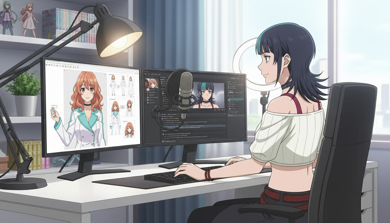 Anime video creator at a desk reviewing a multi-panel original character sheet on a monitor beside a saved silver-haired heroine design