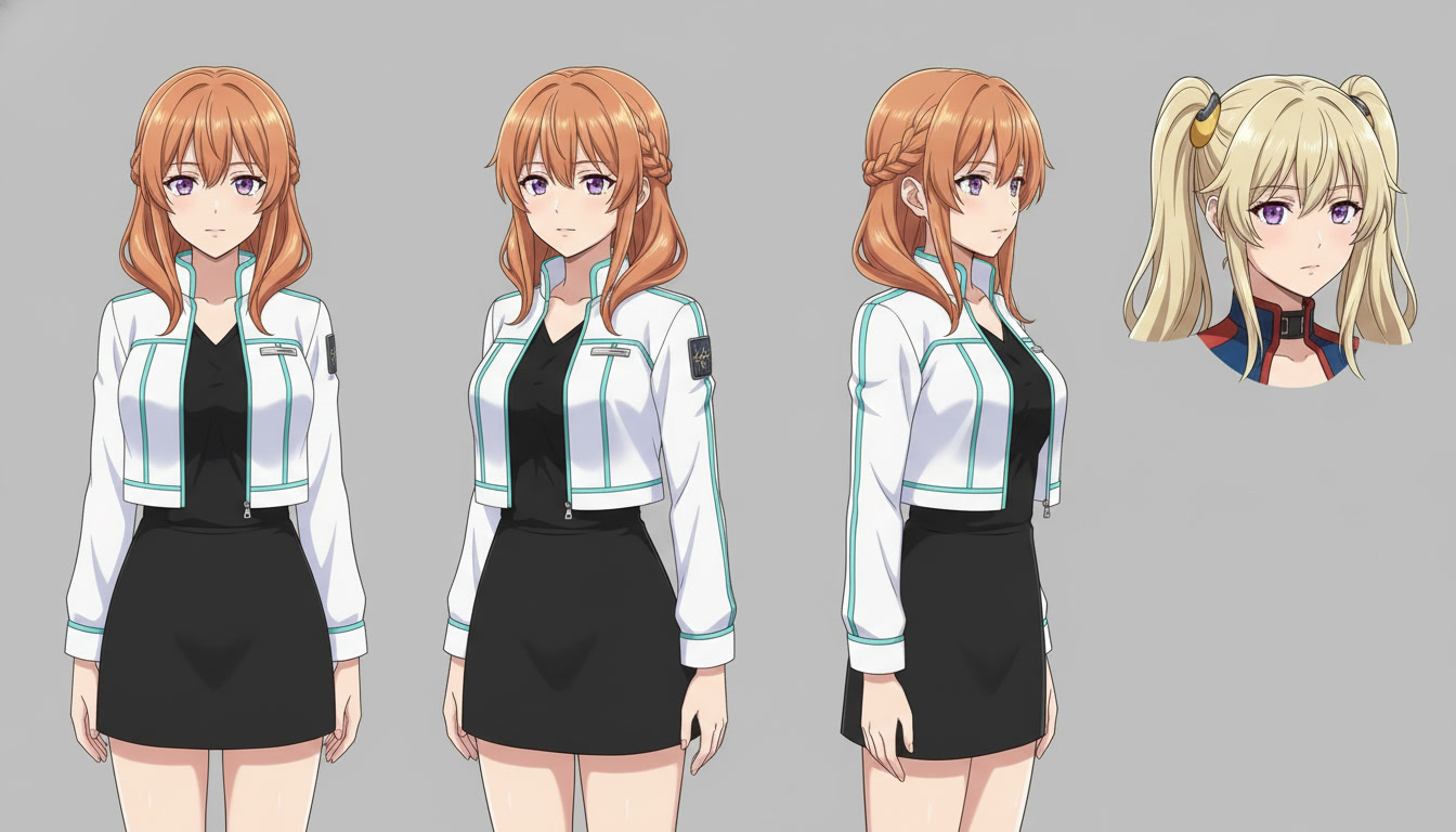 Original anime heroine character sheet with front and three-quarter views, copper braid and white jacket with cyan piping on a clean studio background