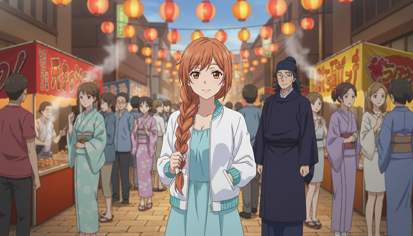 Original anime heroine with copper braid in a lantern-lit festival alley, vertical-friendly composition ready for YouTube Shorts motion