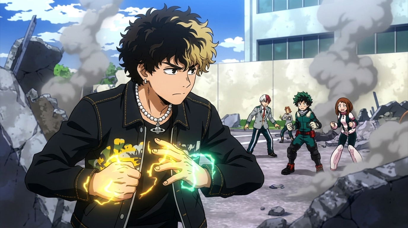 A Hispanic anime man with dark curly hair, warm brown skin, a pearl necklace, and glowing energy powers in a My Hero Academia-style battle scene with Deku, Todoroki, and other characters in the background, created with AutoWeeb