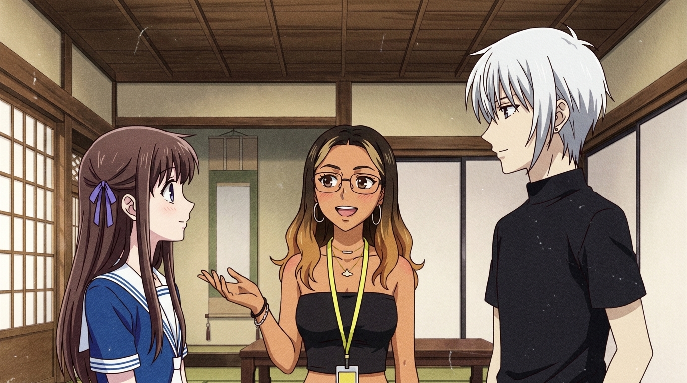 A Hispanic anime woman with warm tan skin, ombre wavy hair, hoop earrings, and a lanyard, speaking animatedly between two other anime characters in a traditional Japanese room, Fruits Basket style, created with AutoWeeb