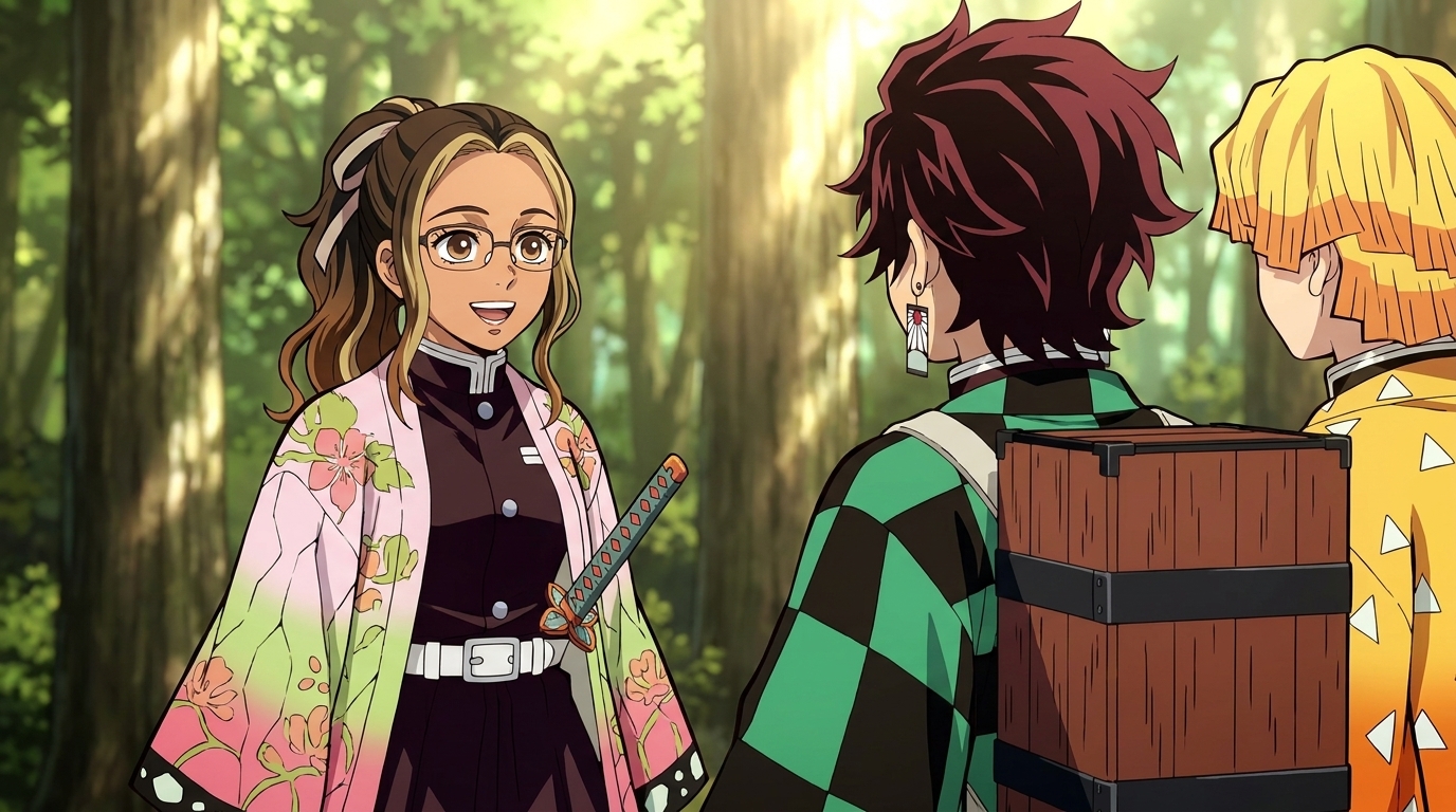A Latina anime character with warm brown skin, wavy dark hair, and glasses, standing alongside Tanjiro and Zenitsu in a sunlit forest in Demon Slayer style, created with AutoWeeb