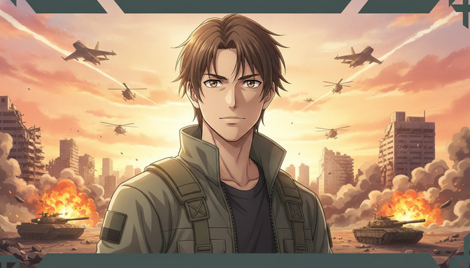 Anime-style young soldier in olive tactical gear standing before a destroyed city battlefield with tanks, helicopters, fighter jets, and explosions at golden hour