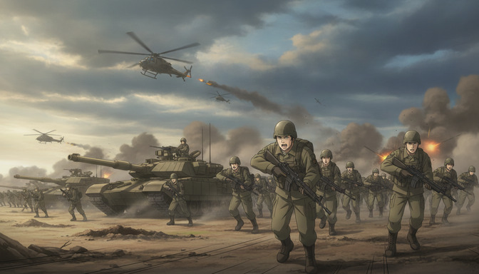 Anime-style infantry charge with soldiers, main battle tanks, helicopters, and explosions across a smoky battlefield at golden hour