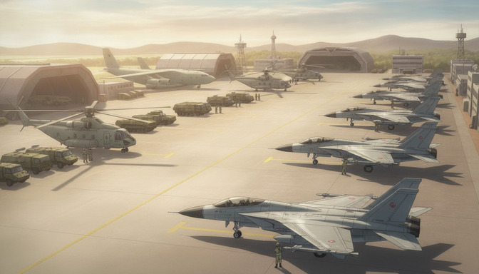 Anime-style military airbase at golden hour with fighter jets, transport helicopters, cargo aircraft, and hangars across a wide concrete tarmac