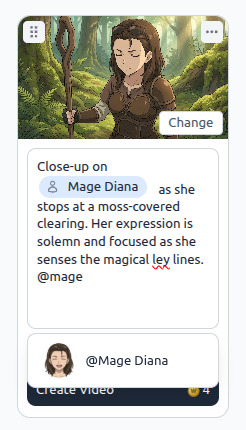 AutoWeeb prompt editor with @ character tagging in a storyboard shot