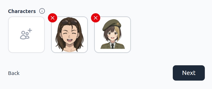 ストーリーボードで使える保存済みアニメキャラクターを表示するAutoWeebのキャラクター選択画面