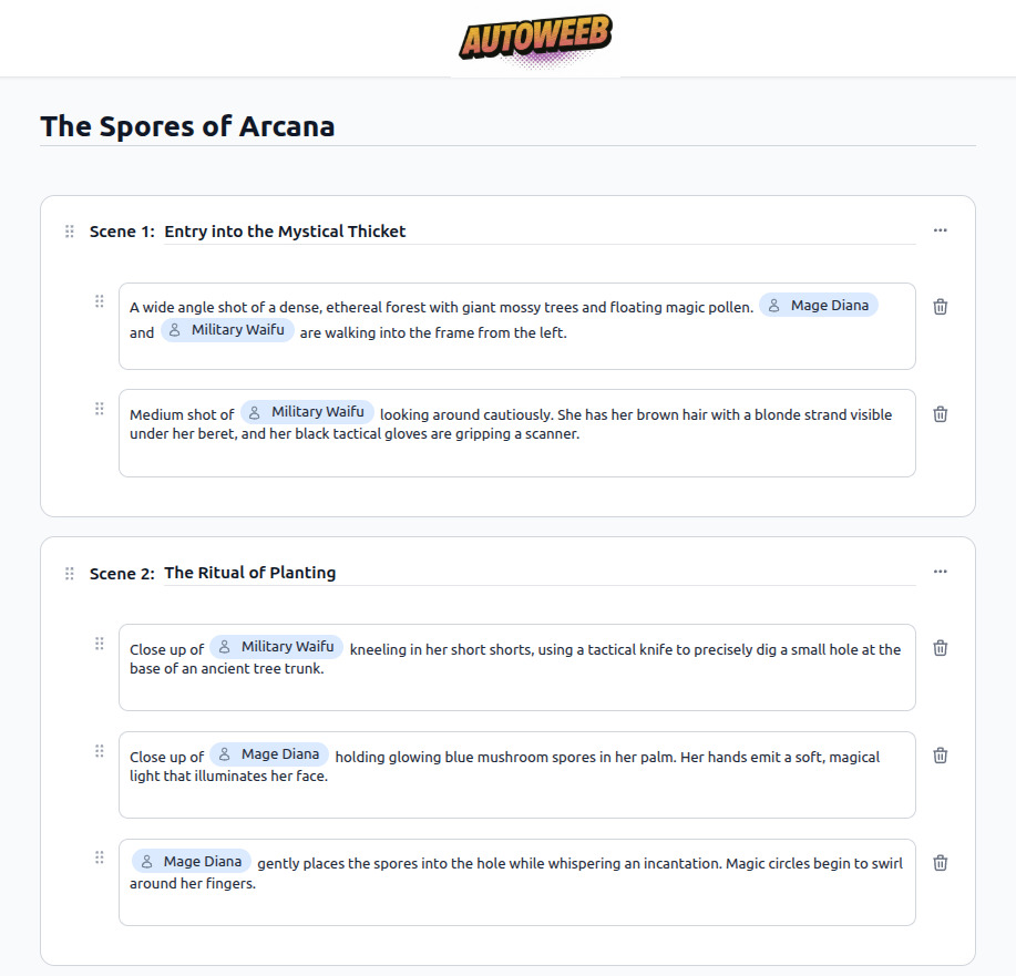 シーンタイトル、ショット説明、キャラクター動作を含む生成されたアニメ脚本を表示するAutoWeebストーリーボード