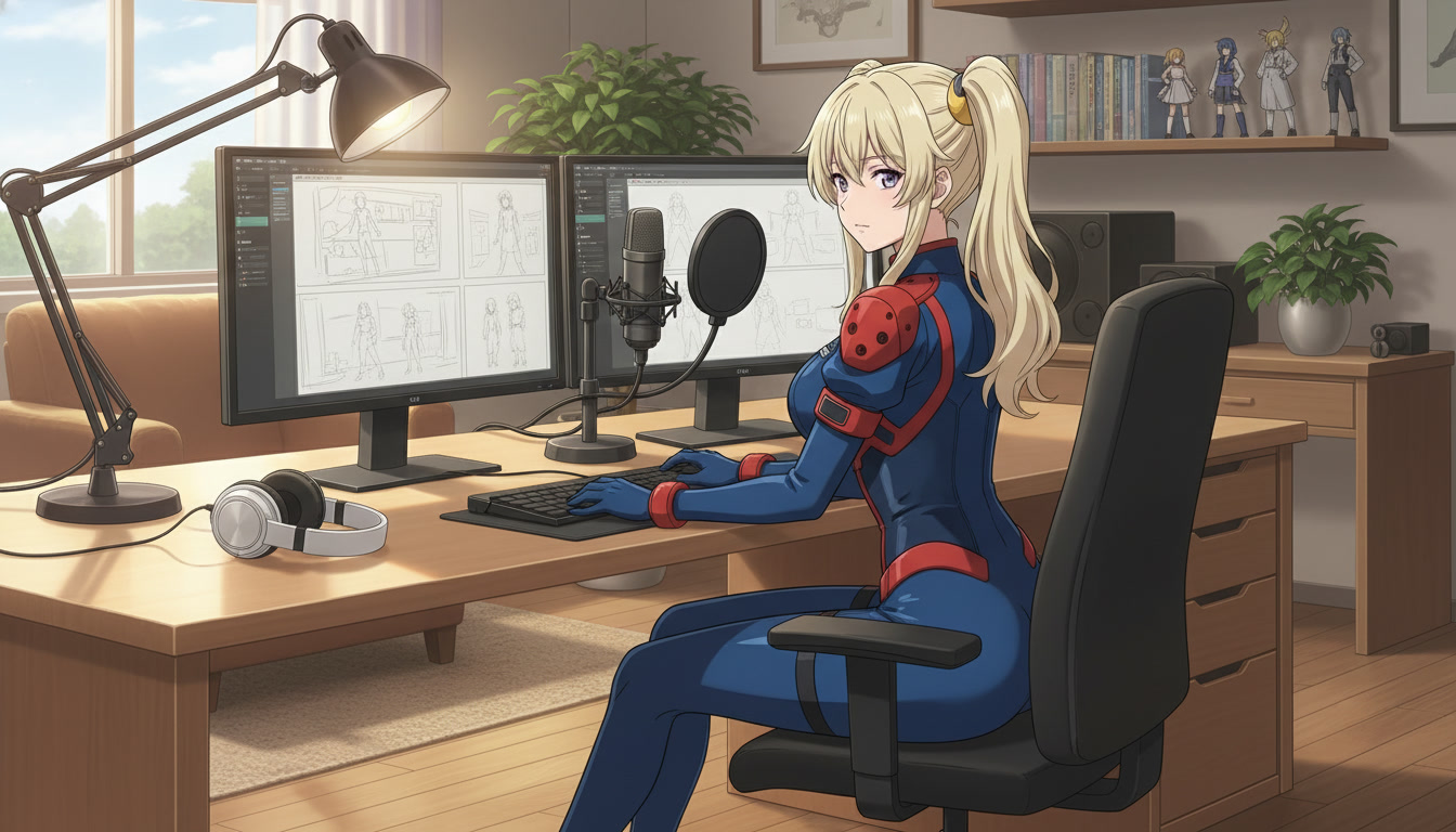 Anime content creator at a desk with dual monitors showing a three-panel storyboard layout for an upcoming anime video