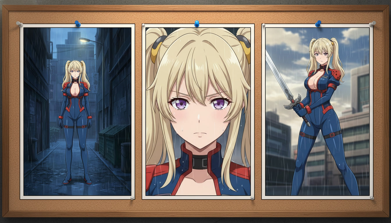 Three-panel anime storyboard on a cork board showing the same silver-haired character in a wide alley shot, a determined close-up, and a low-angle heroic pose with sword drawn