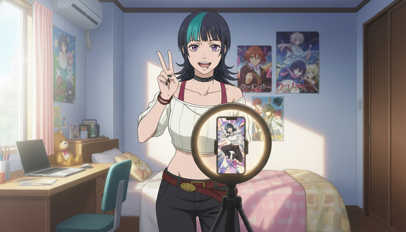 Anime creator filming a vertical YouTube Short with a smartphone on a tripod, ring light illuminating her workspace with anime posters on the wall