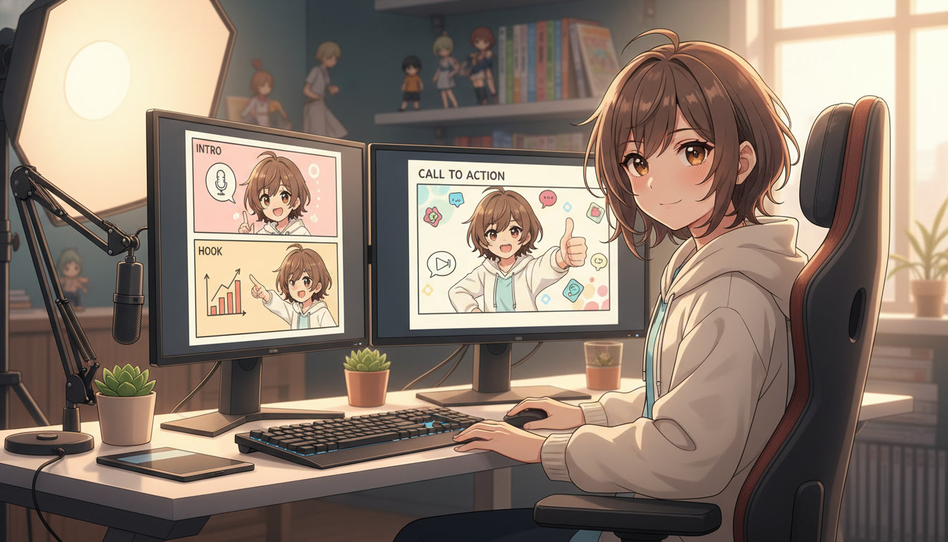 Anime content creator at a desk with dual monitors showing a three-panel storyboard grid, sticky notes with panel annotations, and a saved character reference beside the keyboard