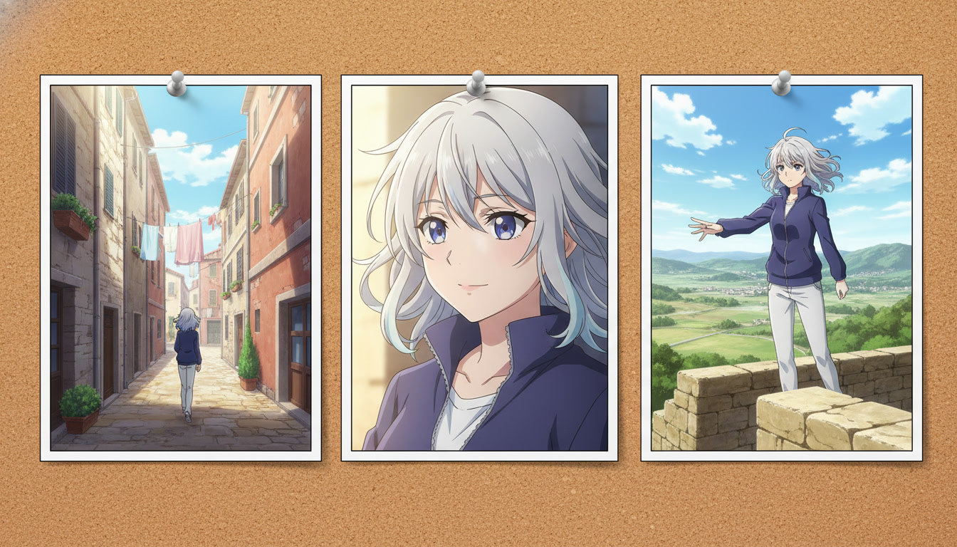 Overhead view of a cork board with three anime storyboard panels showing establishing alley wide shot, tense medium close-up, and low-angle payoff pose with consistent silver-haired heroine