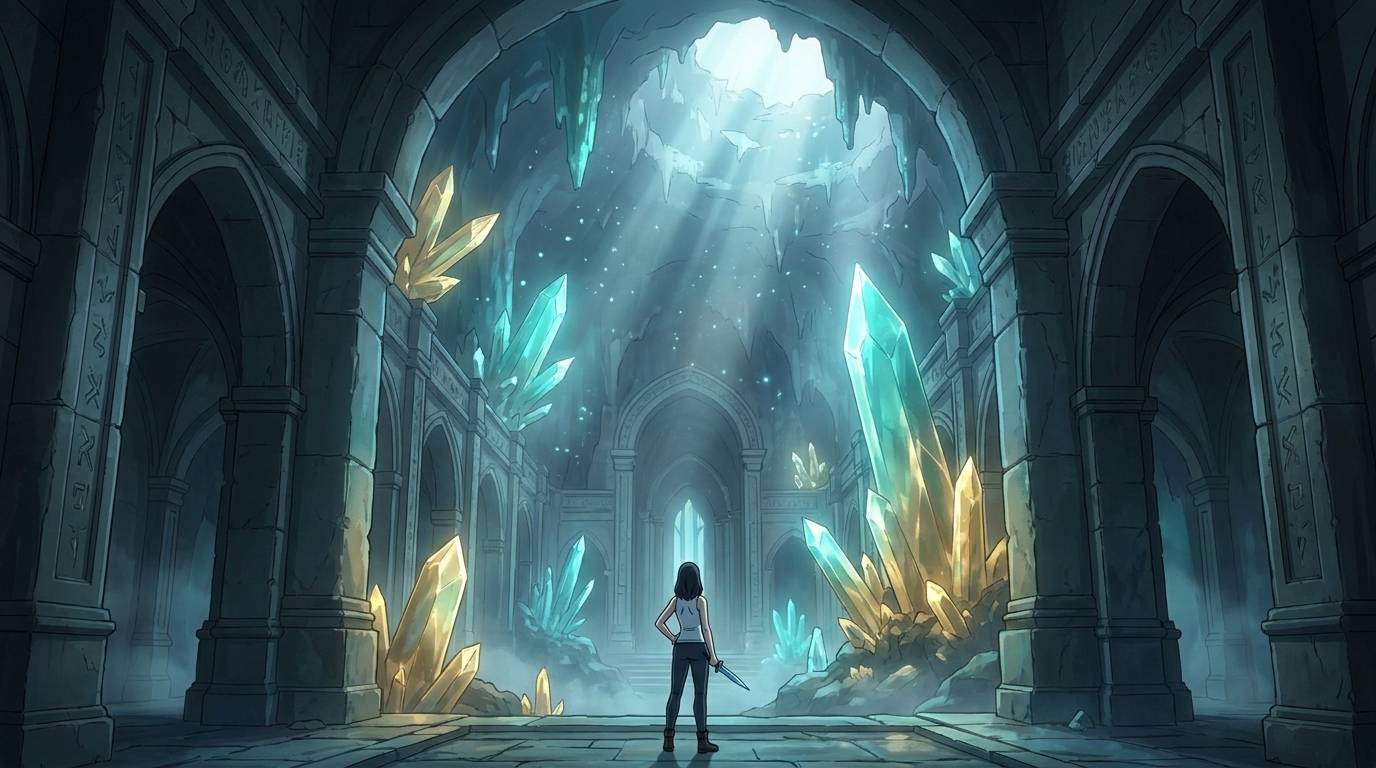 Dungeon Diana standing at the threshold of a vast underground cavern cathedral with glowing crystal formations and carved archways stretching into shadowed distance, dramatic teal and gold volumetric light pouring through cracks in the ceiling