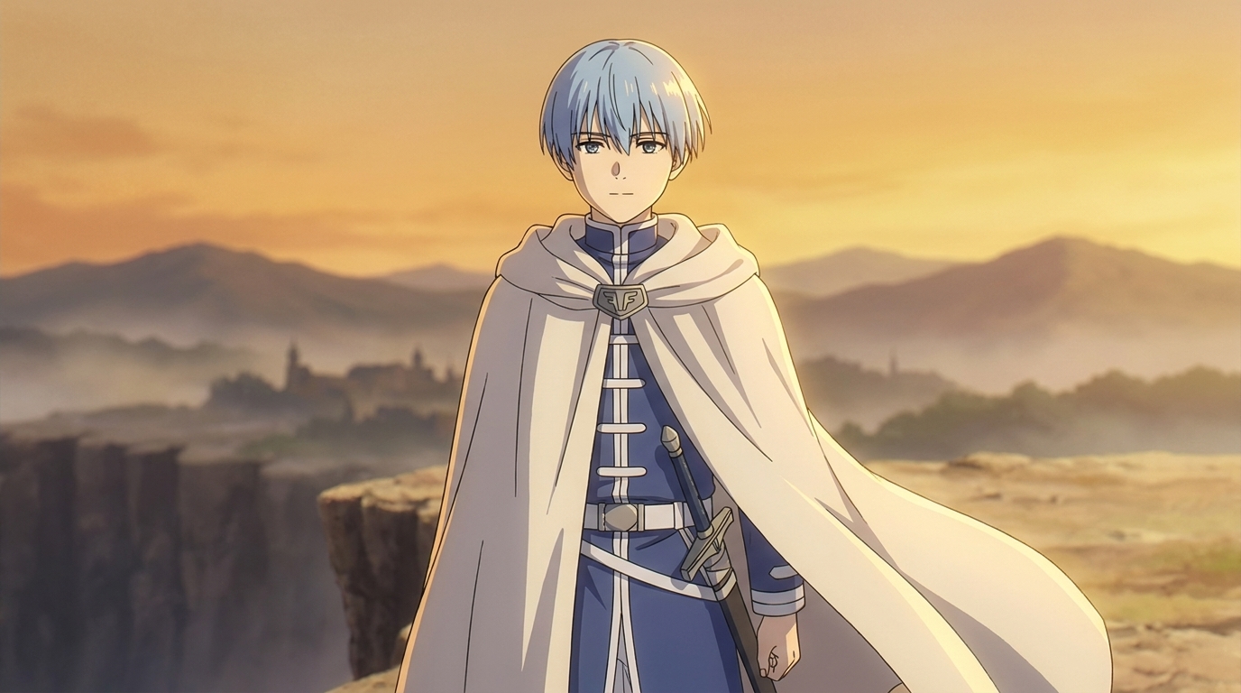 Himmel, a noble hero in white and gold robes, standing at the edge of a cliff overlooking a misty fantasy kingdom at golden hour, his expression calm and resolute with quiet determination