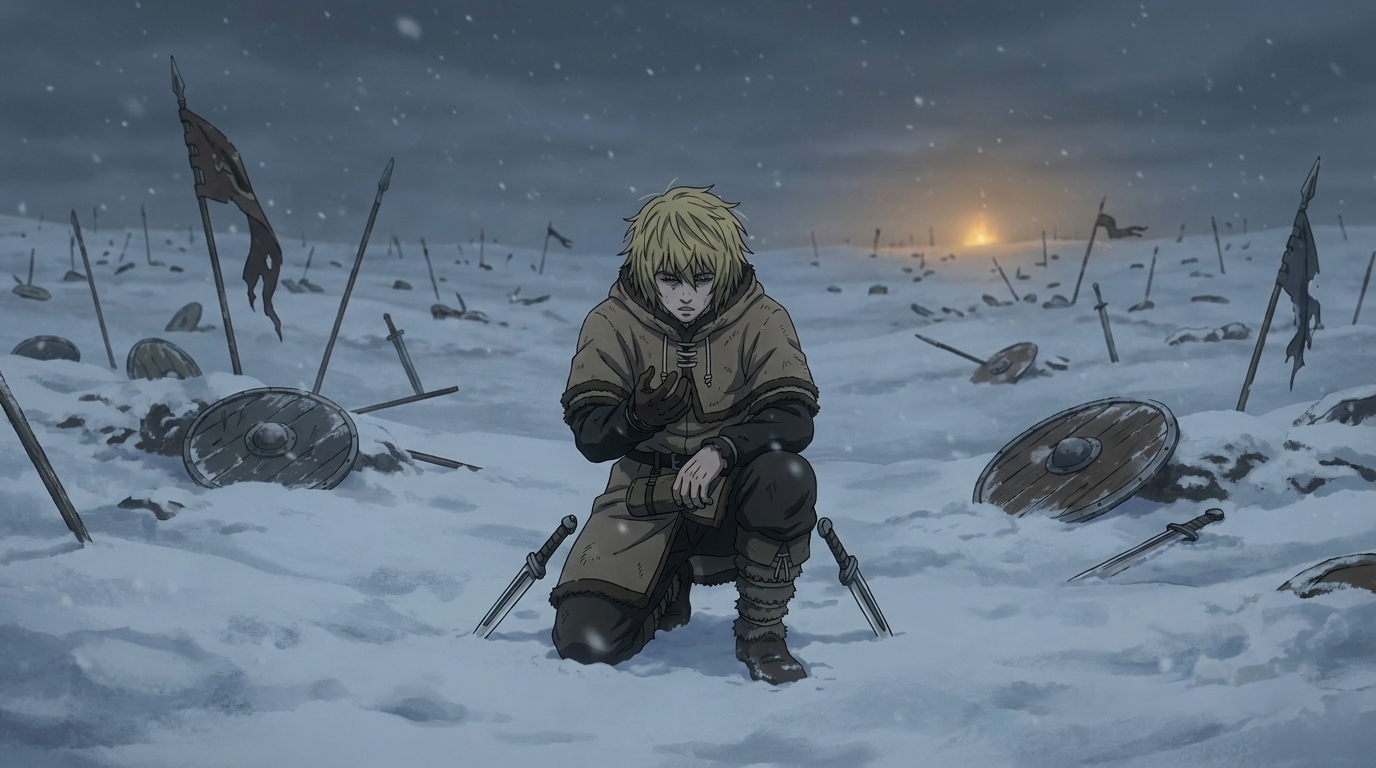 Thorfinn kneeling alone on a snow-covered battlefield at dusk, looking at his hands with an expression of exhaustion and hard-won clarity, scattered shields and banners disappearing into the grey distance, a single amber glow on the horizon