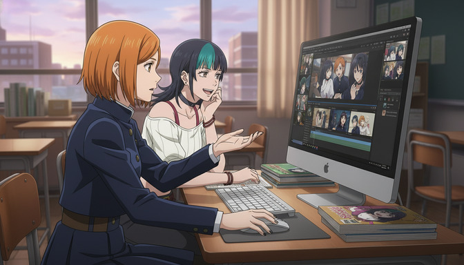 Two anime characters at a computer editing storyboard panels side by side, planning an AI anime production