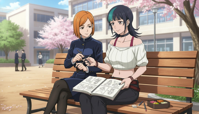 Two anime characters sitting on an outdoor bench reviewing storyboard sketches in a spiral notebook, planning a scene together