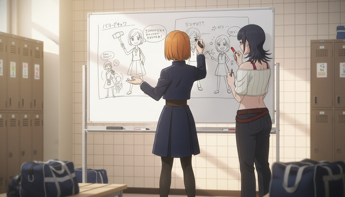 Two anime characters collaborating at a whiteboard covered in scene sketches and storyboard panels, reviewing the anime production plan