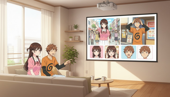 Two anime characters in a living room reviewing a character reference sheet displayed on a large wall-mounted screen, the male character in an orange graphic tee pointing at different shots and styles while the female character looks on attentively