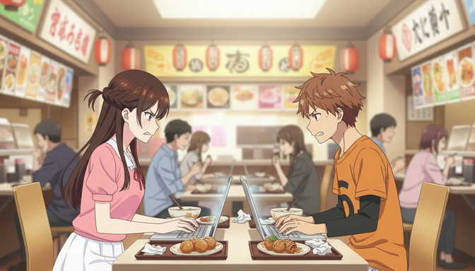 Two anime characters sitting face-to-face at a busy ramen restaurant, both with laptops open, the male character in orange looking tense and the female character in pink looking skeptical, colorful banners and lanterns visible in the background