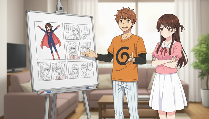 An anime male character presenting character design sheets on a large whiteboard to a female character, the whiteboard showing multiple character sketches including an action pose in a superhero cape, the living room interior visible in the background