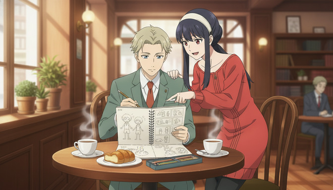 Two anime characters reviewing manga panel sketches together at a cafe table, planning an anime storyboard adaptation