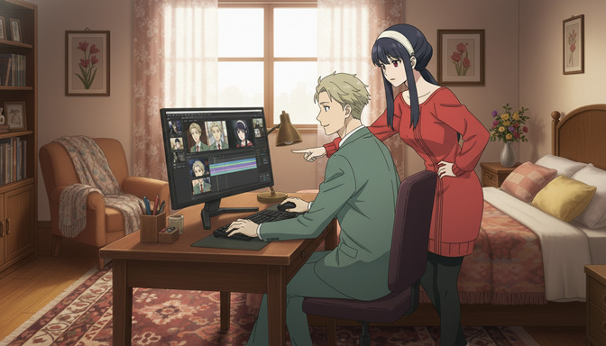 Anime character at a computer editing storyboard panels in animation software while another character observes