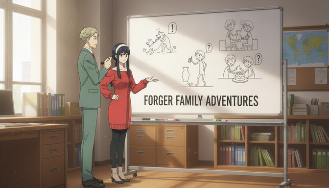 Two anime characters planning an anime storyboard at a whiteboard with scene sketches and story notes