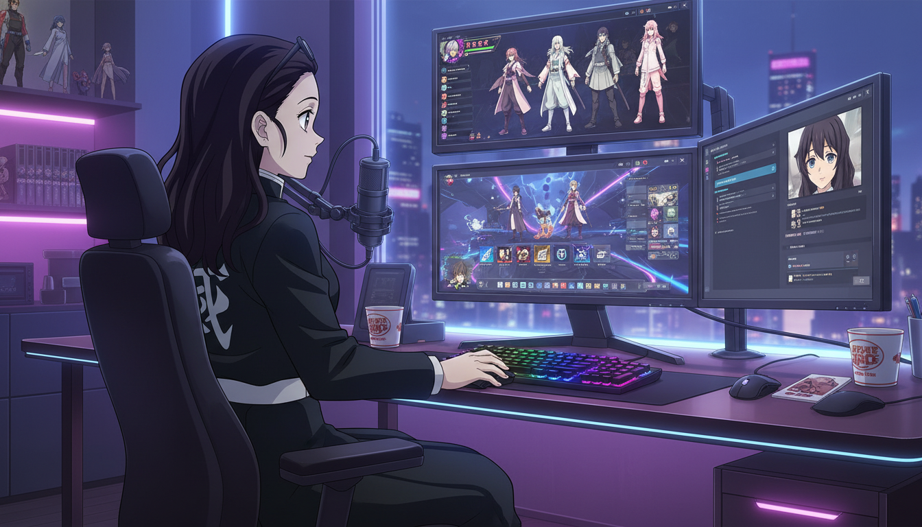 Anime content creator at a desk with monitors showing video game UI and anime character designs, RGB setup and microphone visible