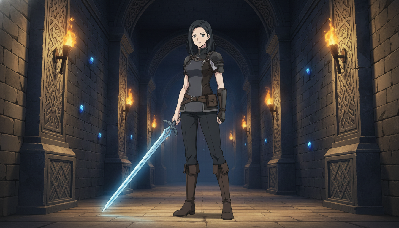 Anime adventurer woman with silver hair in glowing fantasy dungeon corridor, holding a sword in torchlit RPG atmosphere
