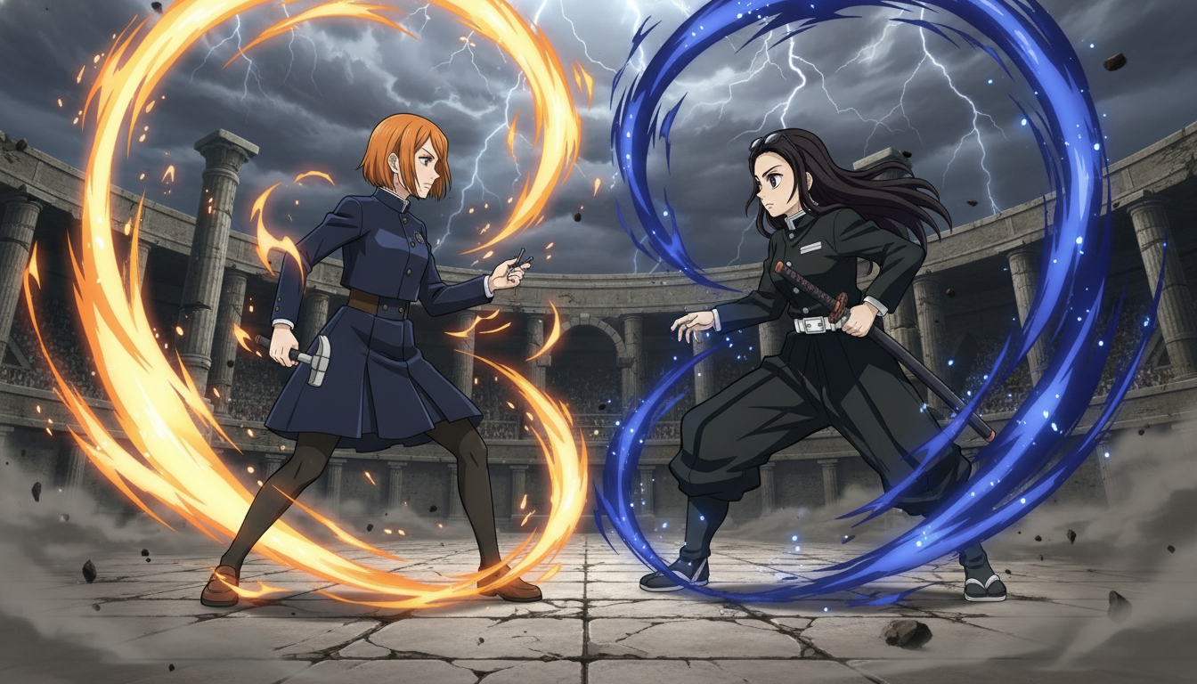 Two anime fighters facing off in an arena with energy aura effects, dramatic low angle and stormy sky like a video game boss battle